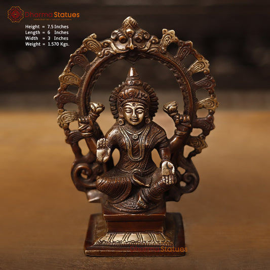 Lakshmi Brass Statue, Goddess Of Fortune, Sitting on a pedestal, Copper and Gold, 7.5"