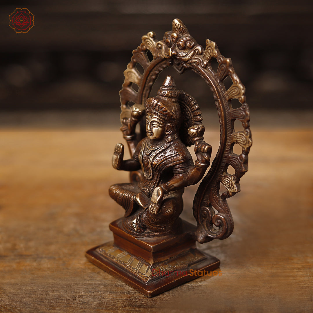 Lakshmi Brass Statue, Goddess Of Fortune, Sitting on a pedestal, Copper and Gold, 7.5"