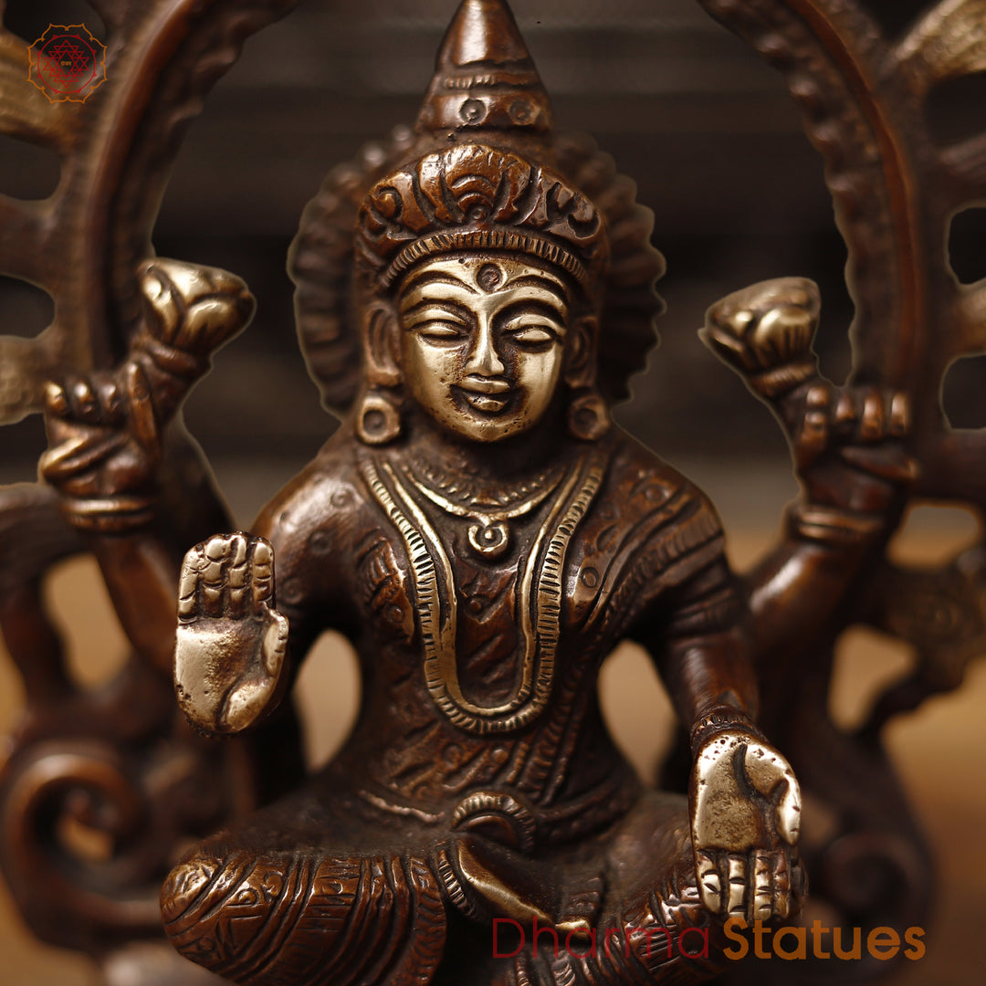 Lakshmi Brass Statue, Goddess Of Fortune, Sitting on a pedestal, Copper and Gold, 7.5"