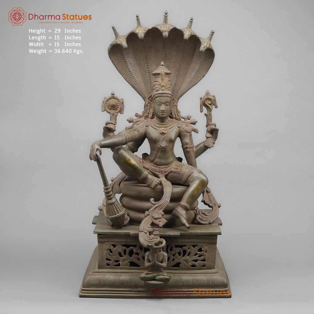 Brass Vishnu Seated on Sheshnaag (Maha abhishekam Posture), Royal green Patina 29"