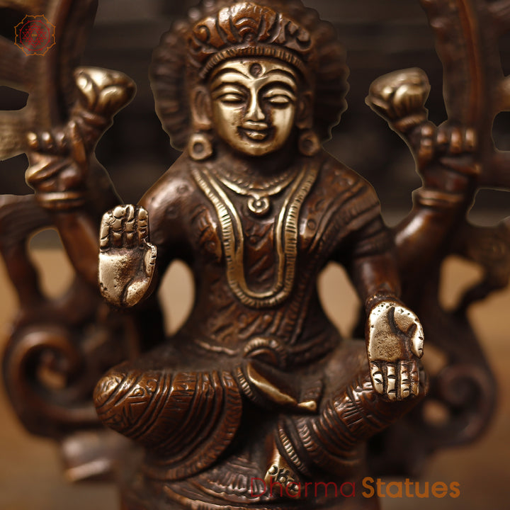 Lakshmi Brass Statue, Goddess Of Fortune, Sitting on a pedestal, Copper and Gold, 7.5"