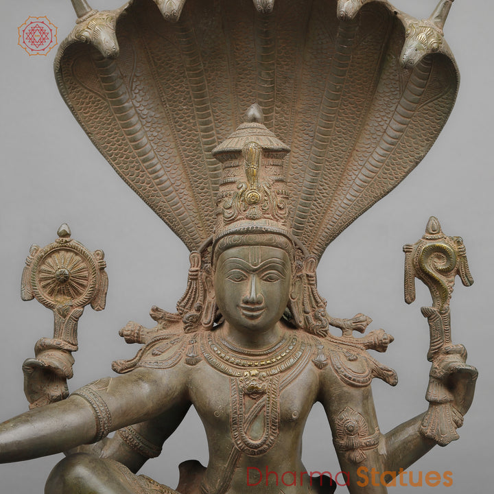 Brass Vishnu Seated on Sheshnaag (Maha abhishekam Posture), Royal green Patina 29"