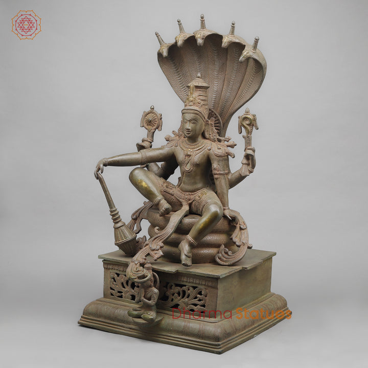 Brass Vishnu Seated on Sheshnaag (Maha abhishekam Posture), Royal green Patina 29"