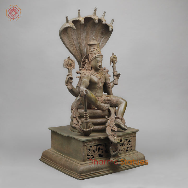 Brass Vishnu Seated on Sheshnaag (Maha abhishekam Posture), Royal green Patina 29"