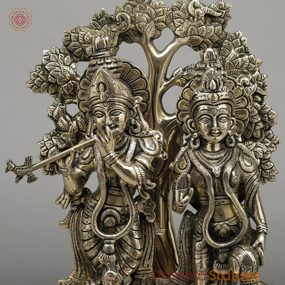 Brass Radha & Krishna Playing Flute under Tree, Golden Finish, 13.5"