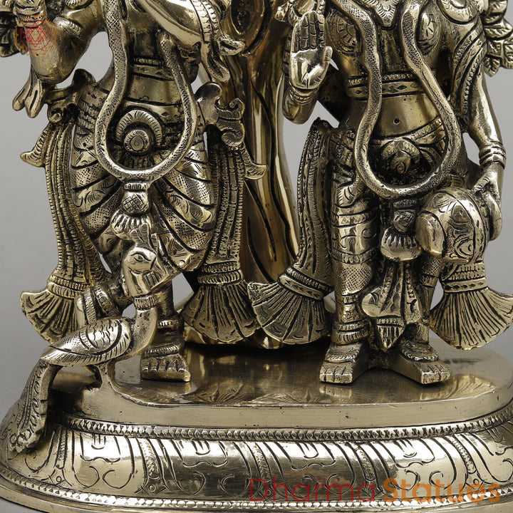 Brass Radha & Krishna Playing Flute under Tree, Golden Finish, 13.5"