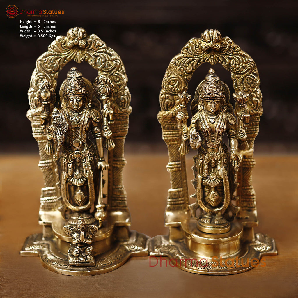 Brass Vishnu Lakshmi Pair ,Regal Divine Pair, Golden Finish, 9"