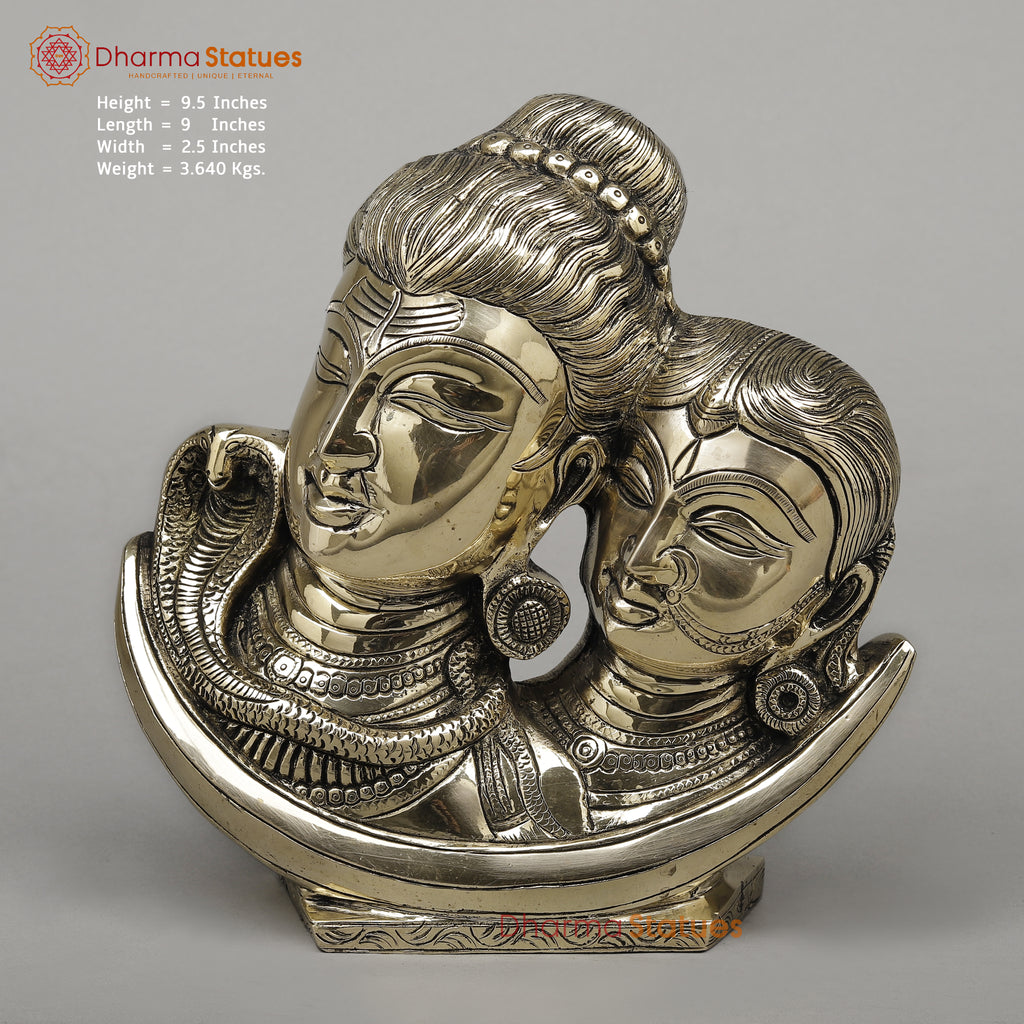 Brass Shiva Parvati Face On Moon  , Smooth Finish, 9.5"