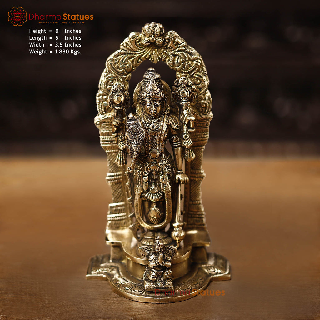 Brass Vishnu Statue, Blessing Posture, Fine Golden Finish 9"