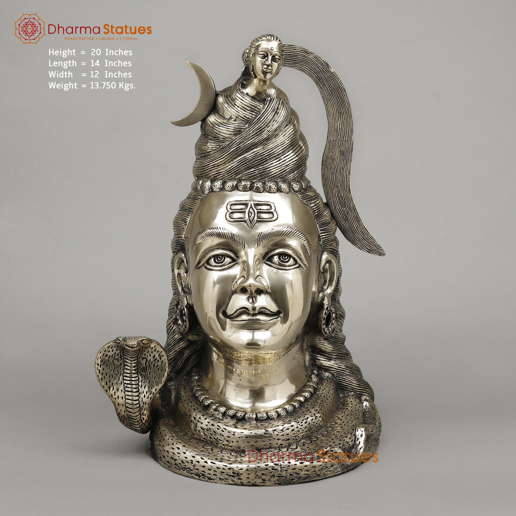 Brass Shiva Head With Ganga on Crown, Fine Smooth Finish, 20"