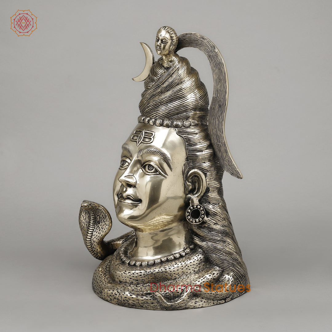 Brass Shiva Head With Ganga on Crown, Fine Smooth Finish, 20"