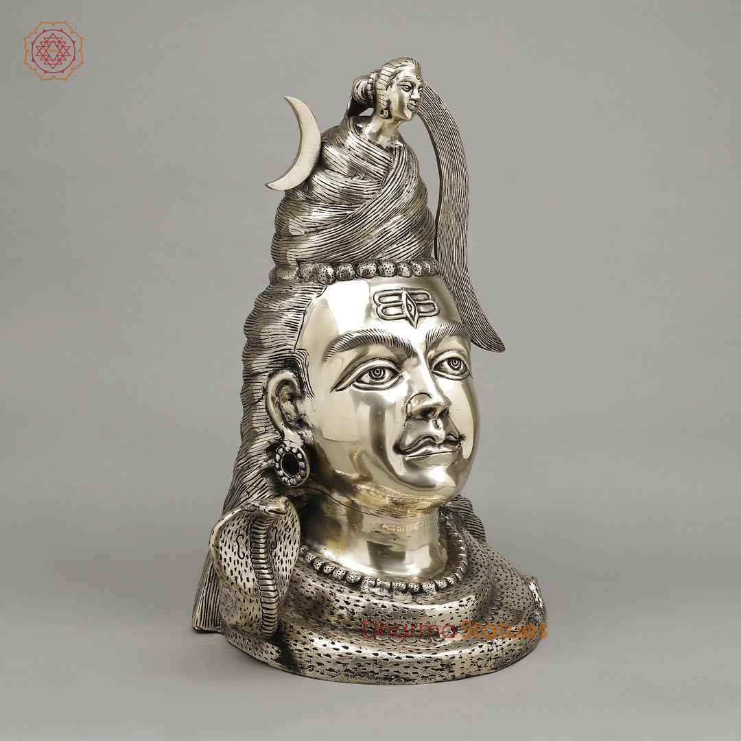 Brass Shiva Head With Ganga on Crown, Fine Smooth Finish, 20"