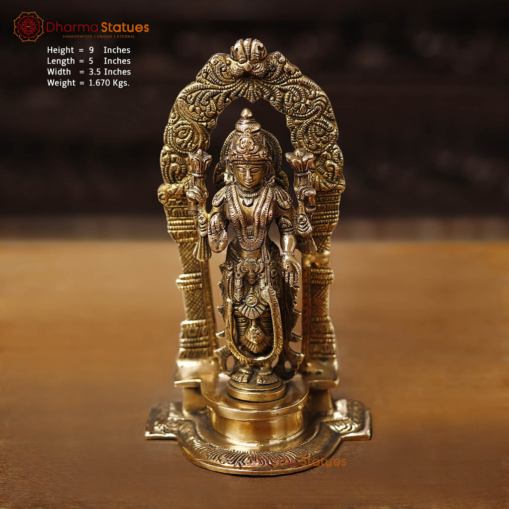 Brass Lakshmi Idol, Standing on Mahayaksha Pedastal, Golden Fine Finish  9"