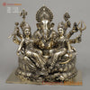 Brass Ganesh with Riddhi Siddhi Seated on Lotus, Fine Smooth Finish, 13"