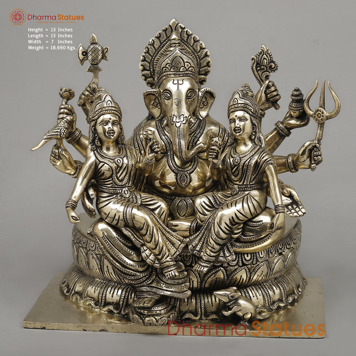 Brass Ganesh with Riddhi Siddhi Seated on Lotus, Fine Smooth Finish, 13"