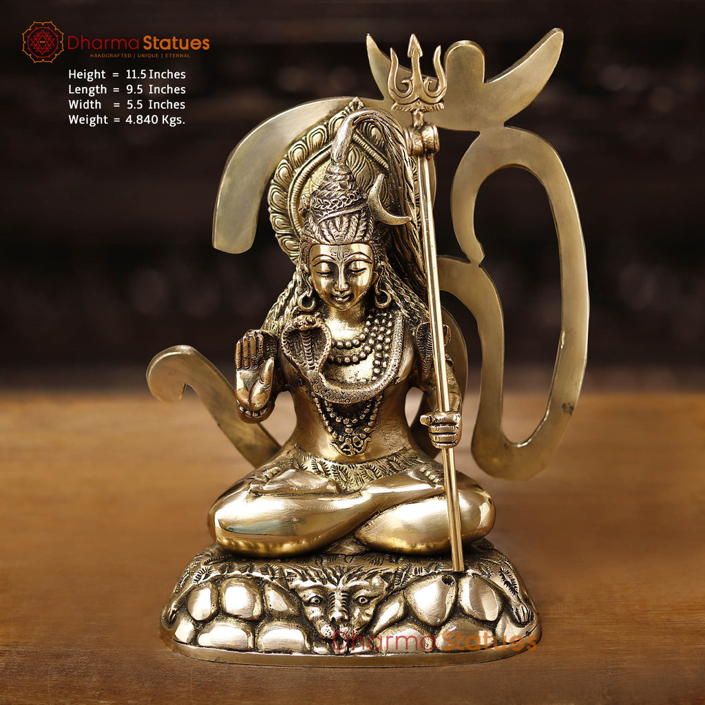 Brass Shiva Statue, Seated Figure with Sacred Backdrop, Fine Golden Finish, 11.5"