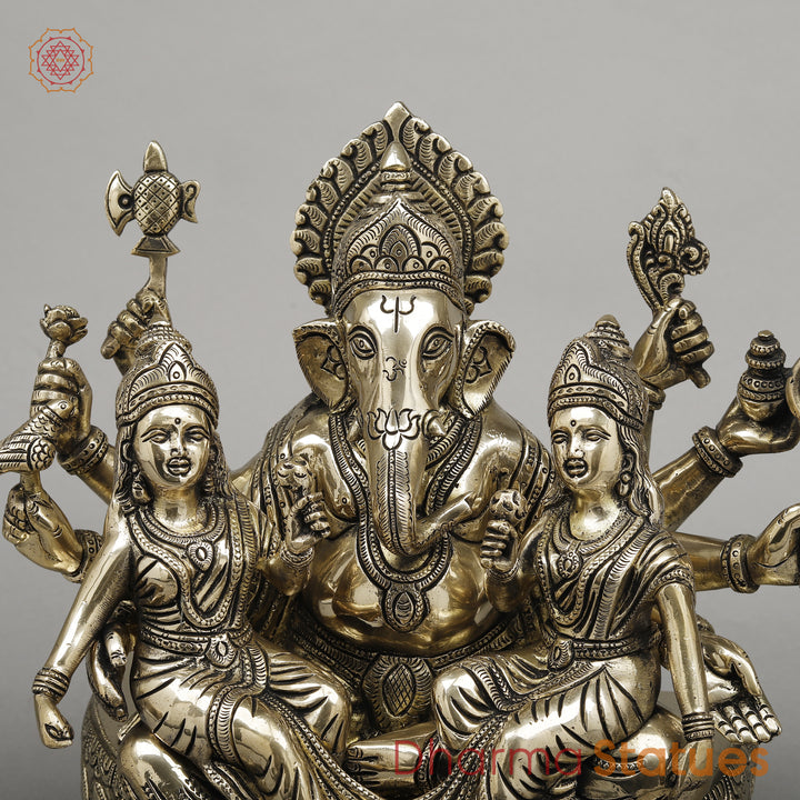 Brass Ganesh with Riddhi Siddhi Seated on Lotus, Fine Smooth Finish, 13"