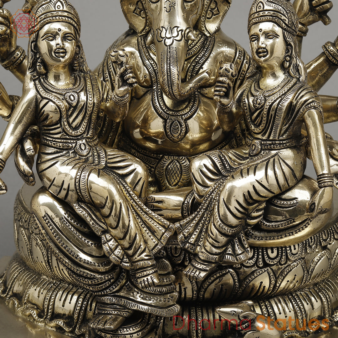 Brass Ganesh with Riddhi Siddhi Seated on Lotus, Fine Smooth Finish, 13"