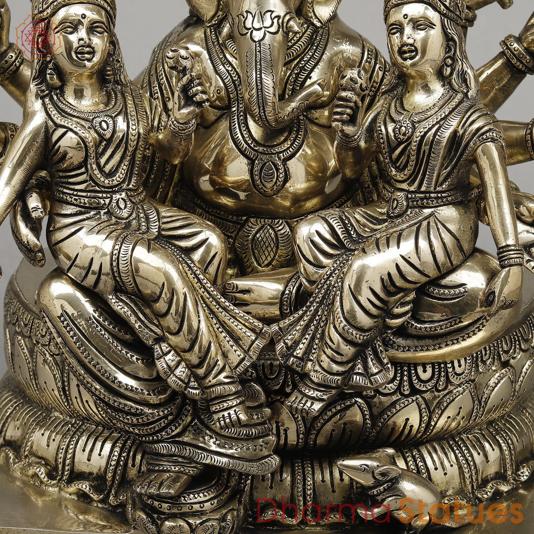 Brass Ganesh with Riddhi Siddhi Seated on Lotus, Fine Smooth Finish, 13"