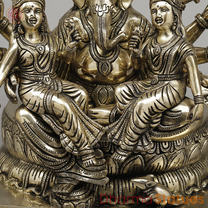 Brass Ganesh with Riddhi Siddhi Seated on Lotus, Fine Smooth Finish, 13"