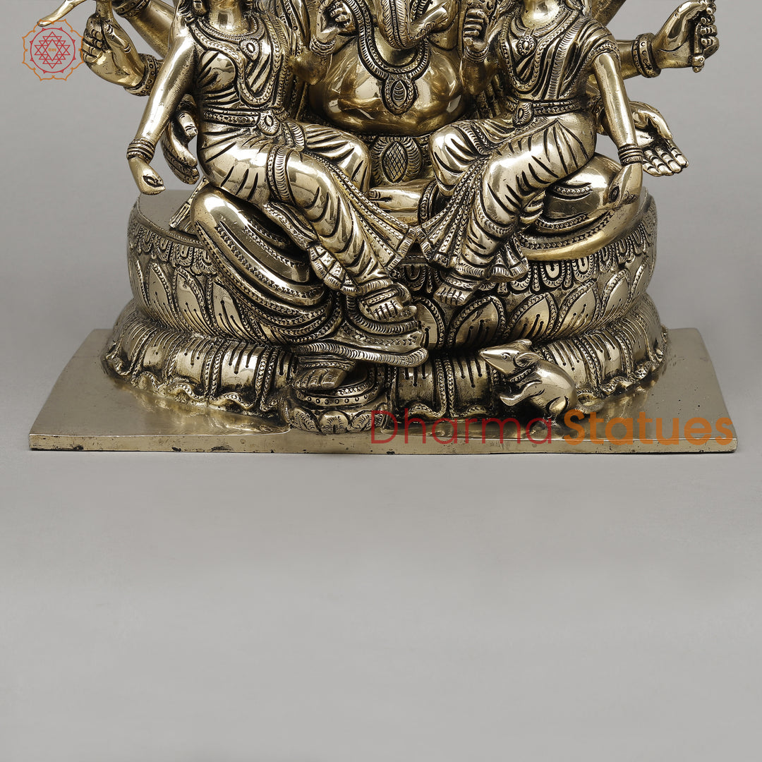 Brass Ganesh with Riddhi Siddhi Seated on Lotus, Fine Smooth Finish, 13"