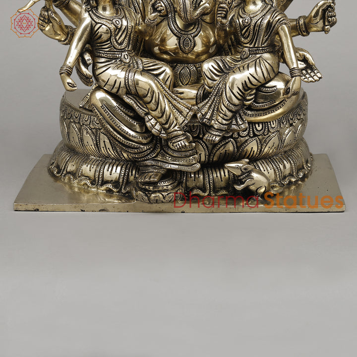 Brass Ganesh with Riddhi Siddhi Seated on Lotus, Fine Smooth Finish, 13"