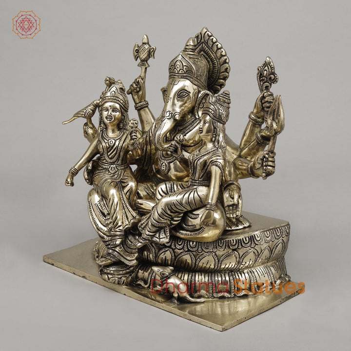 Brass Ganesh with Riddhi Siddhi Seated on Lotus, Fine Smooth Finish, 13"