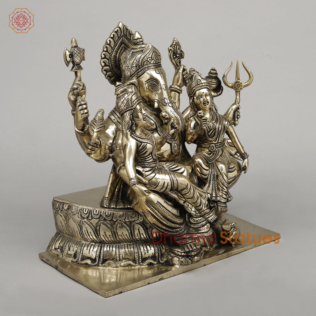 Brass Ganesh with Riddhi Siddhi Seated on Lotus, Fine Smooth Finish, 13"