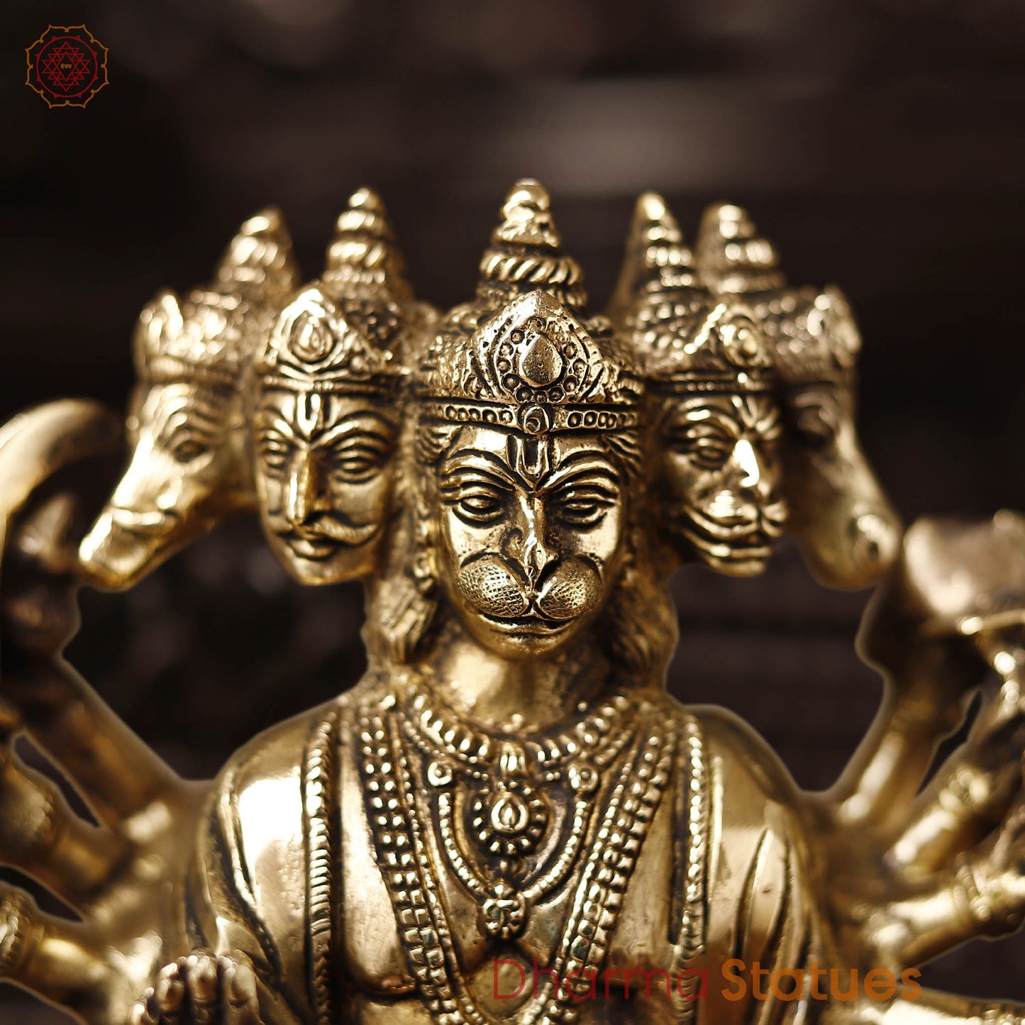 Brass Panchmukhi Hanuman, Fine Golden work 13.5"