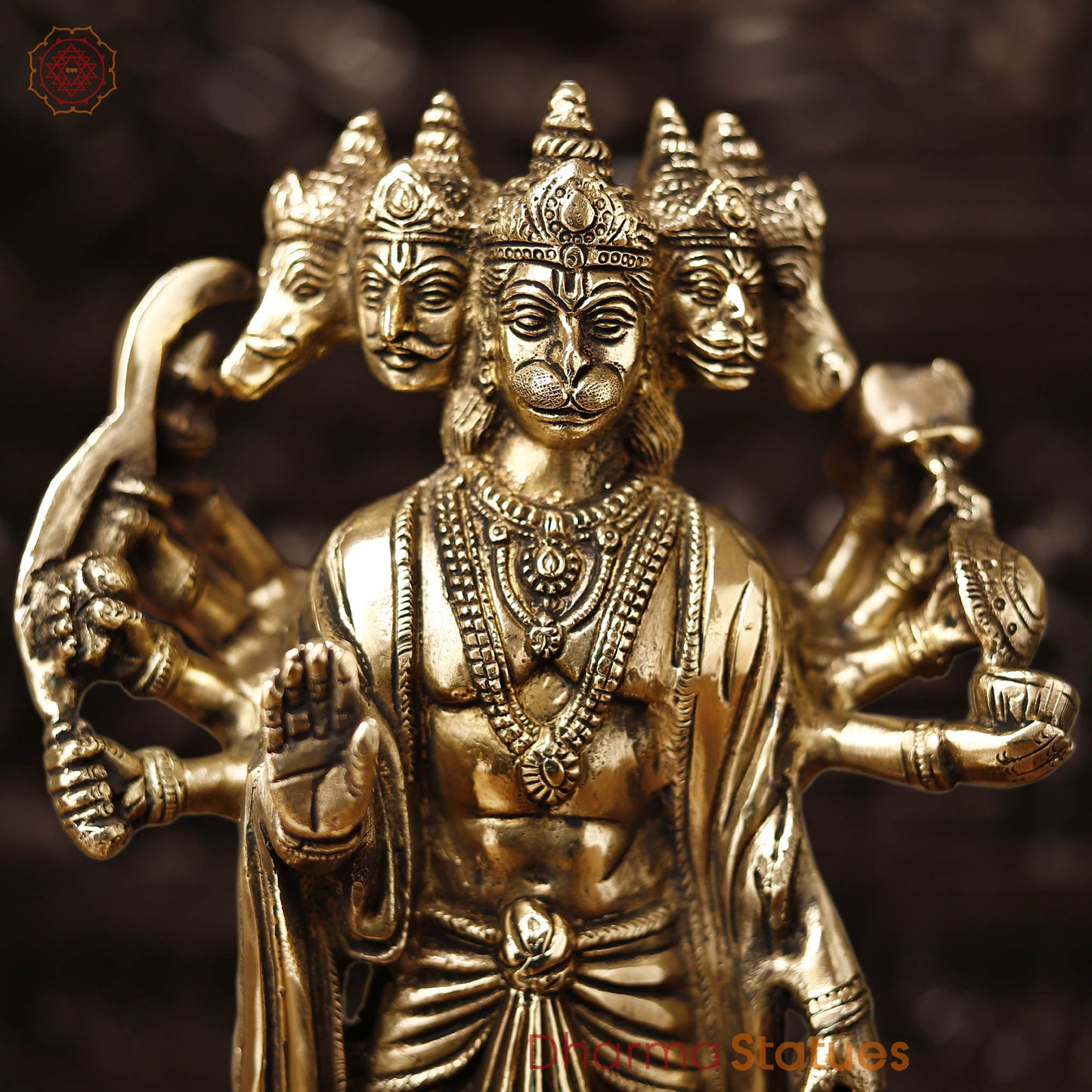 Brass Panchmukhi Hanuman, Fine Golden work 13.5"