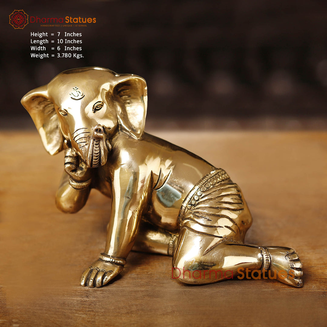 Brass Baby Ganesh Crawling, Smooth Finish, 7" Front View