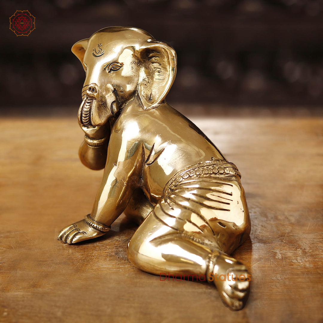 Brass Baby Ganesh Crawling Small, Smooth Finish, 7"