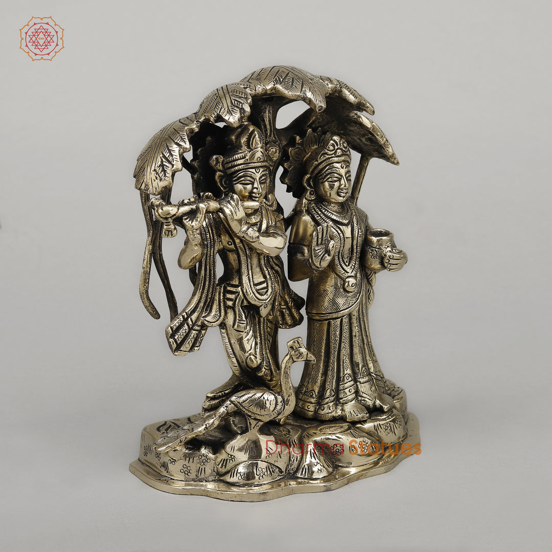 Brass Radha Krishna Playing Flute Under Tree with Peacock, Fine Golden Finish, 7.5"