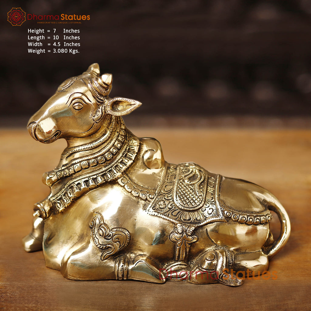 Brass Nandi Statue, Divine Guardian of Lord Shiva, Fine Golden Finish 10"