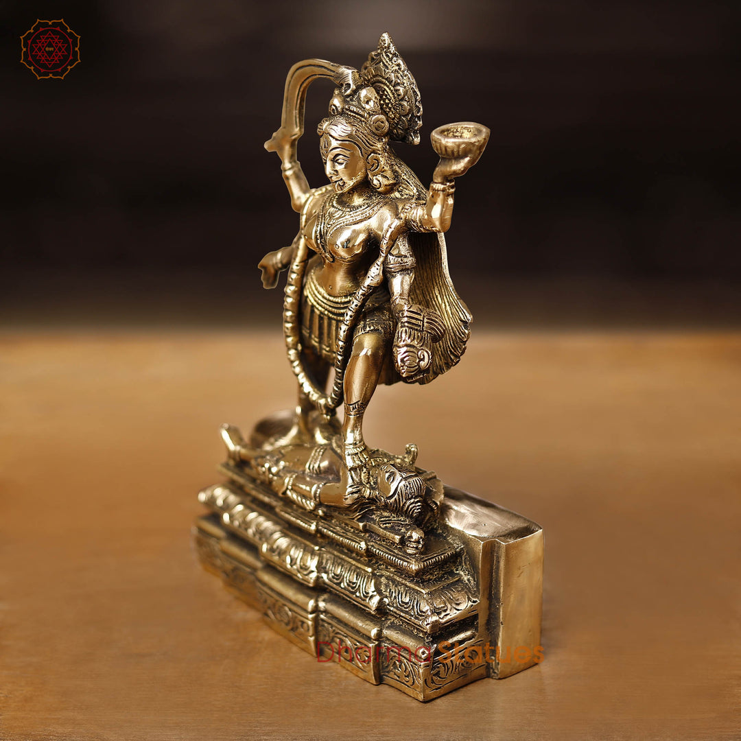 Brass Kali Idol- Goddess Kali Standing On Lord Shiva's Chest, Golden Finish 9"