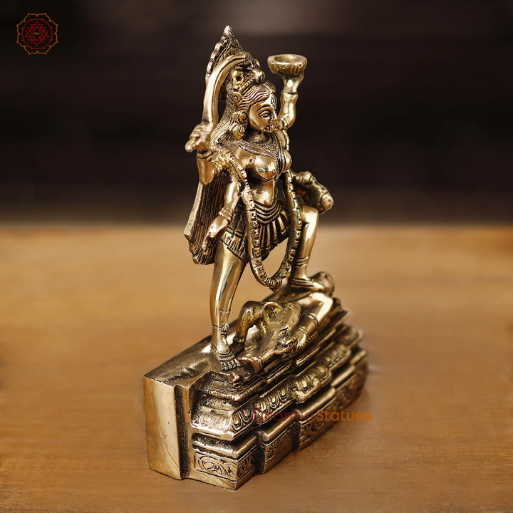 Brass Kali Idol- Goddess Kali Standing On Lord Shiva's Chest, Golden Finish 9"