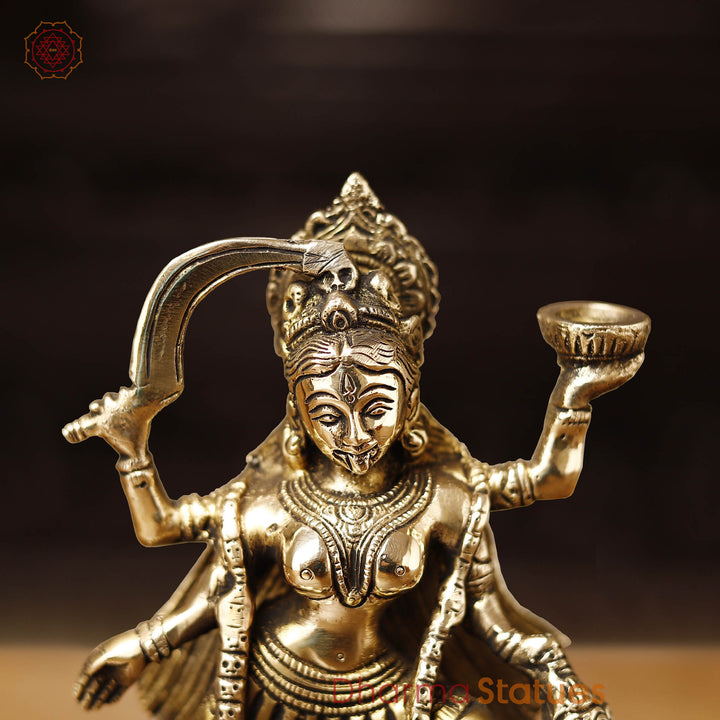 Brass Kali Idol- Goddess Kali Standing On Lord Shiva's Chest, Golden Finish 9"