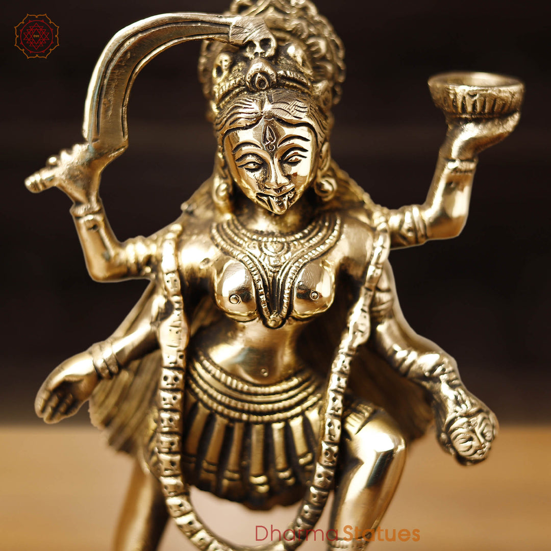 Brass Kali Idol- Goddess Kali Standing On Lord Shiva's Chest, Golden Finish 9"