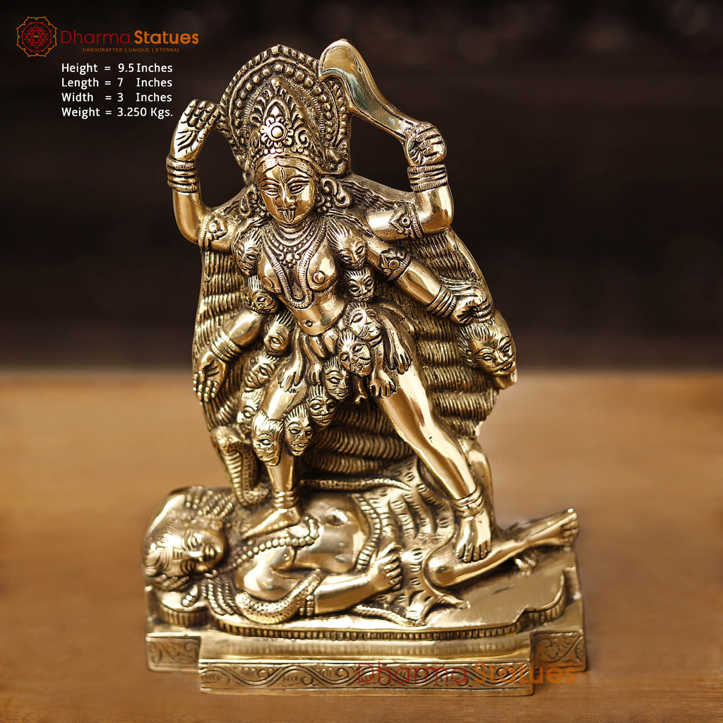 Brass Kali Statue-  Handcrafted Goddess Kali, Golden Fine Work 9.5"