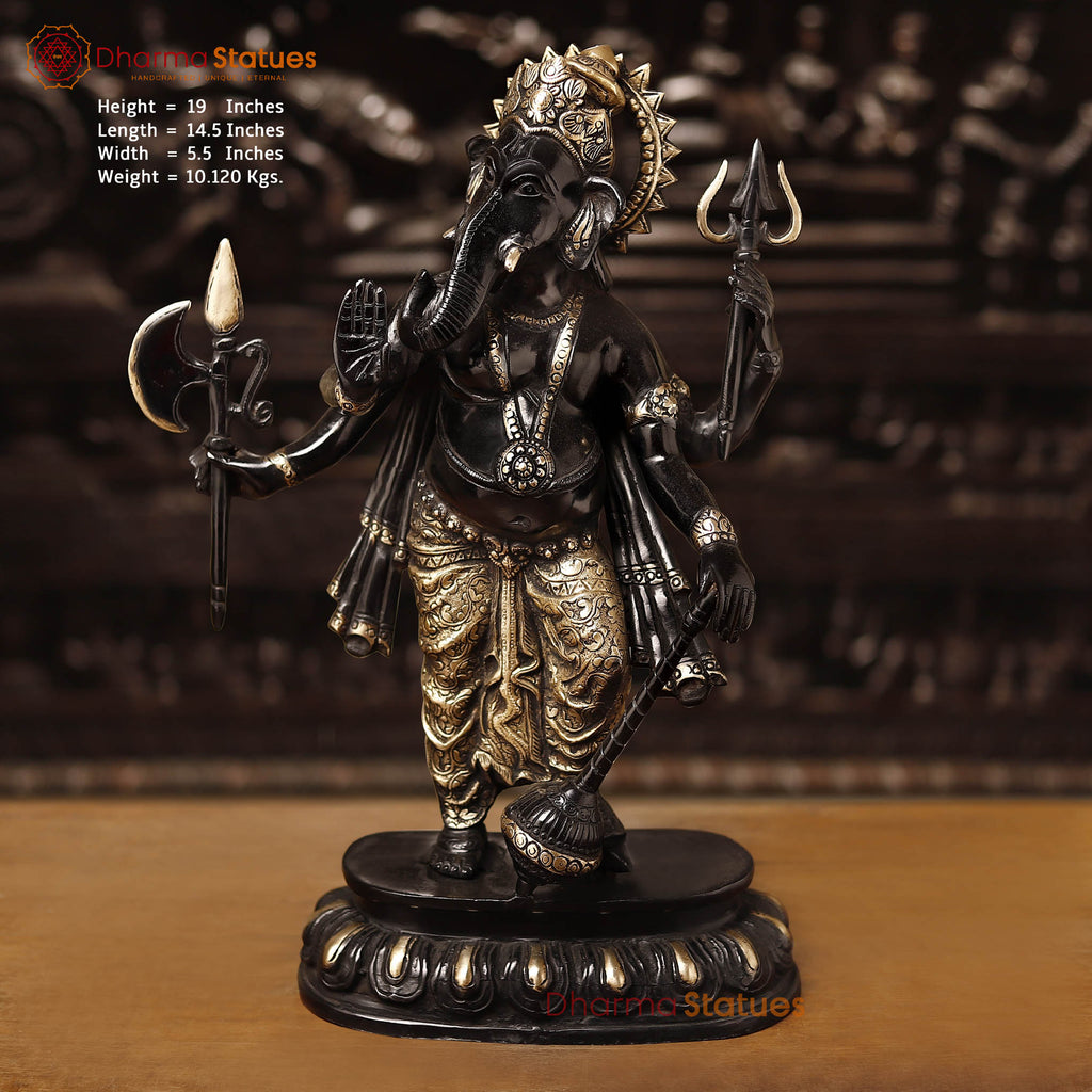 Brass Ganesh Standing, Black Gold, 19" Front View