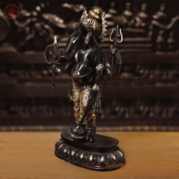 Brass Raksha Ganesh Standing With Many Hands, Black & Gold finish 19"