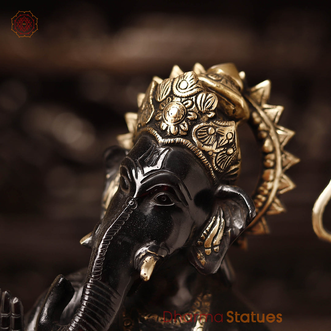 Brass Raksha Ganesh Standing With Many Hands, Black & Gold finish 19"