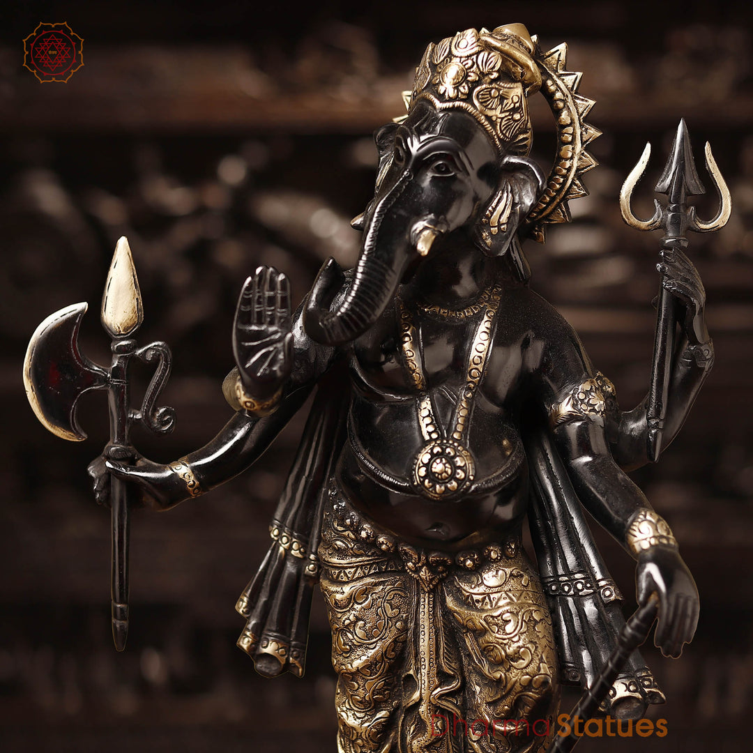 Brass Raksha Ganesh Standing With Many Hands, Black & Gold finish 19"