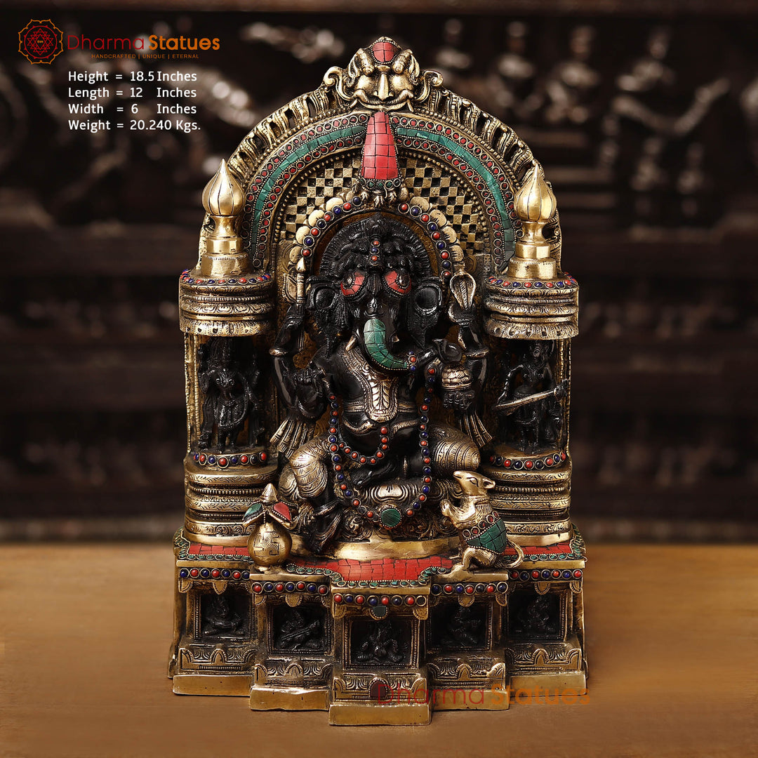 Brass Ganesh Temple with a Pinch of stone work, Black Gold, 18.5" Front View