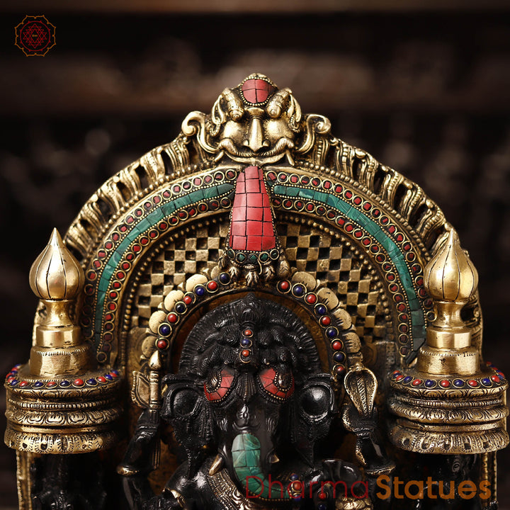 Brass Ganesh Temple with a Pinch of stone work, Black Gold, 18.5"