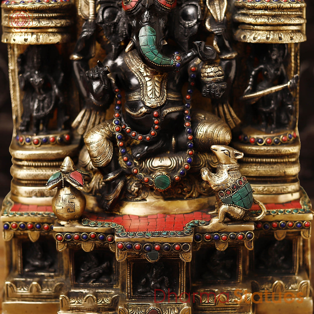 Brass Ganesh Temple with a Pinch of stone work, Black Gold, 18.5"