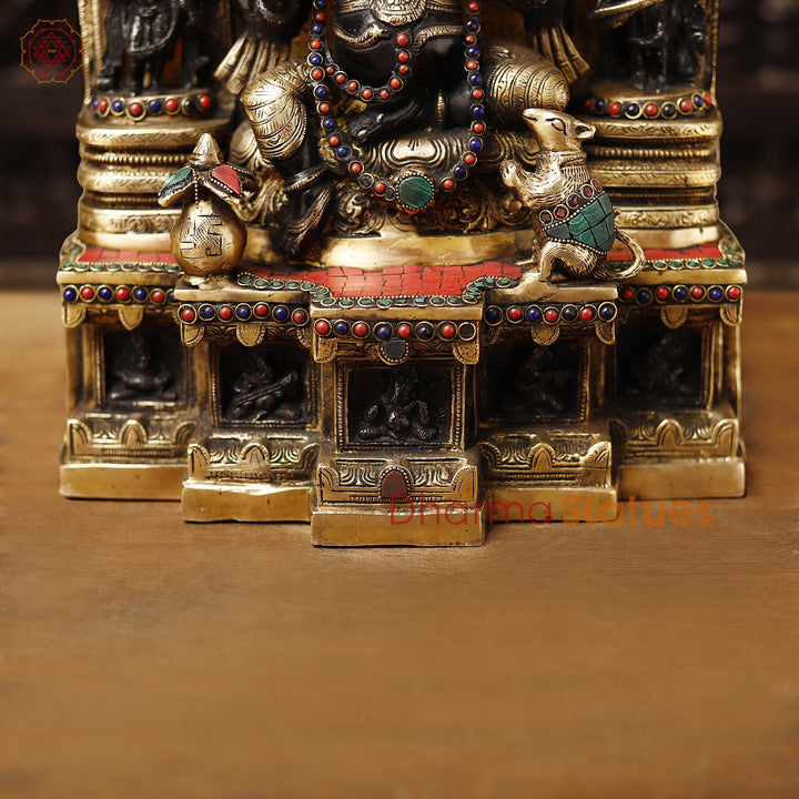 Brass Ganesh Temple with a Pinch of stone work, Black Gold, 18.5"