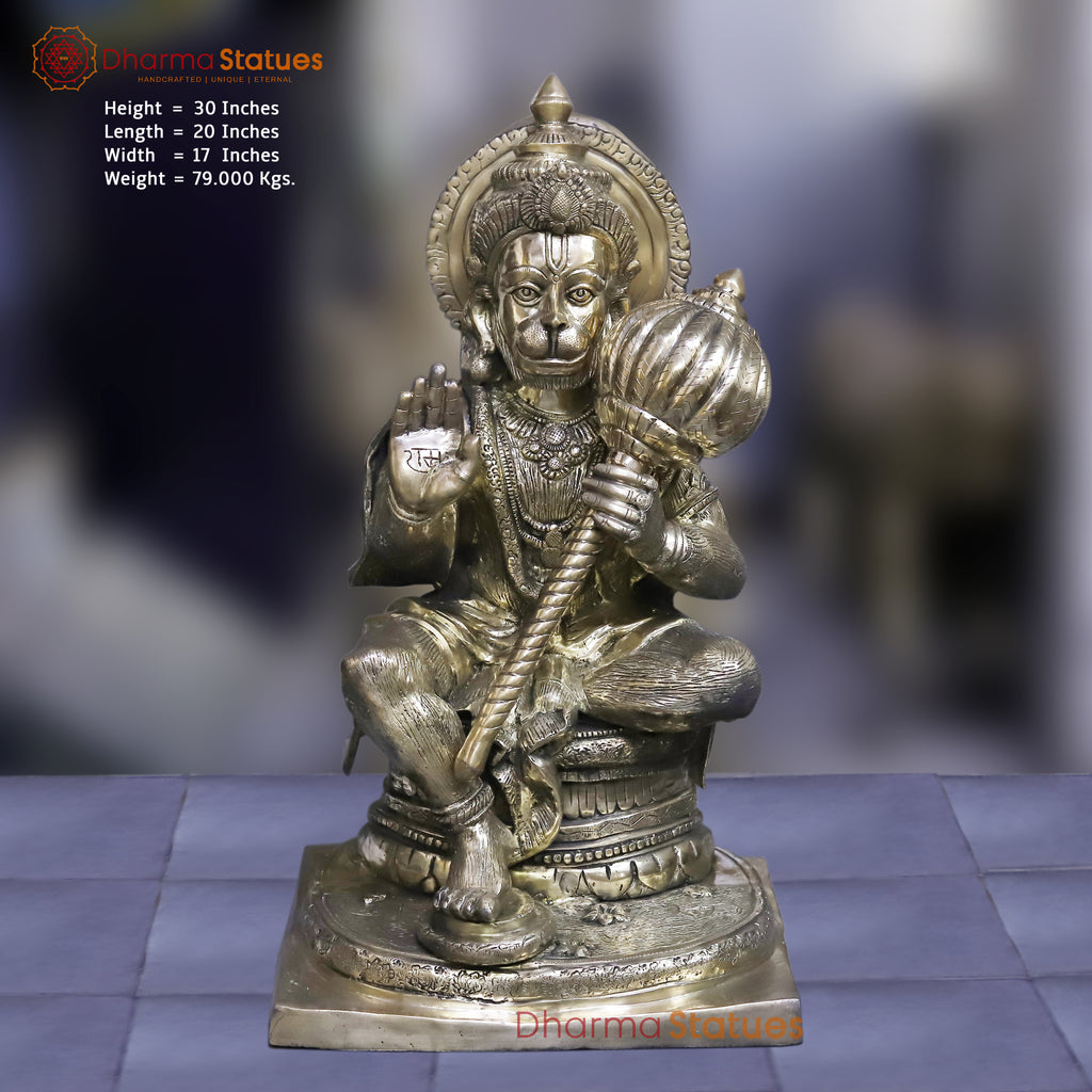 Brass Hanuman Seated in Blessing Posture, Fine Golden Finish, 30"