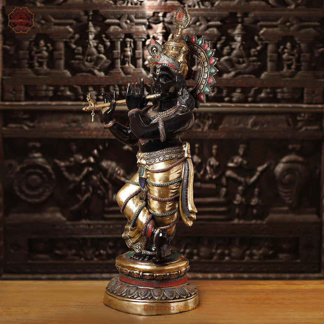 Brass Krishna Idol, Playing the Flute, Golden & Black Finish with Stone Inlay, 46.5"