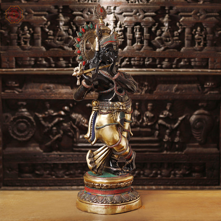 Brass Krishna Idol, Playing the Flute, Golden & Black Finish with Stone Inlay, 46.5"